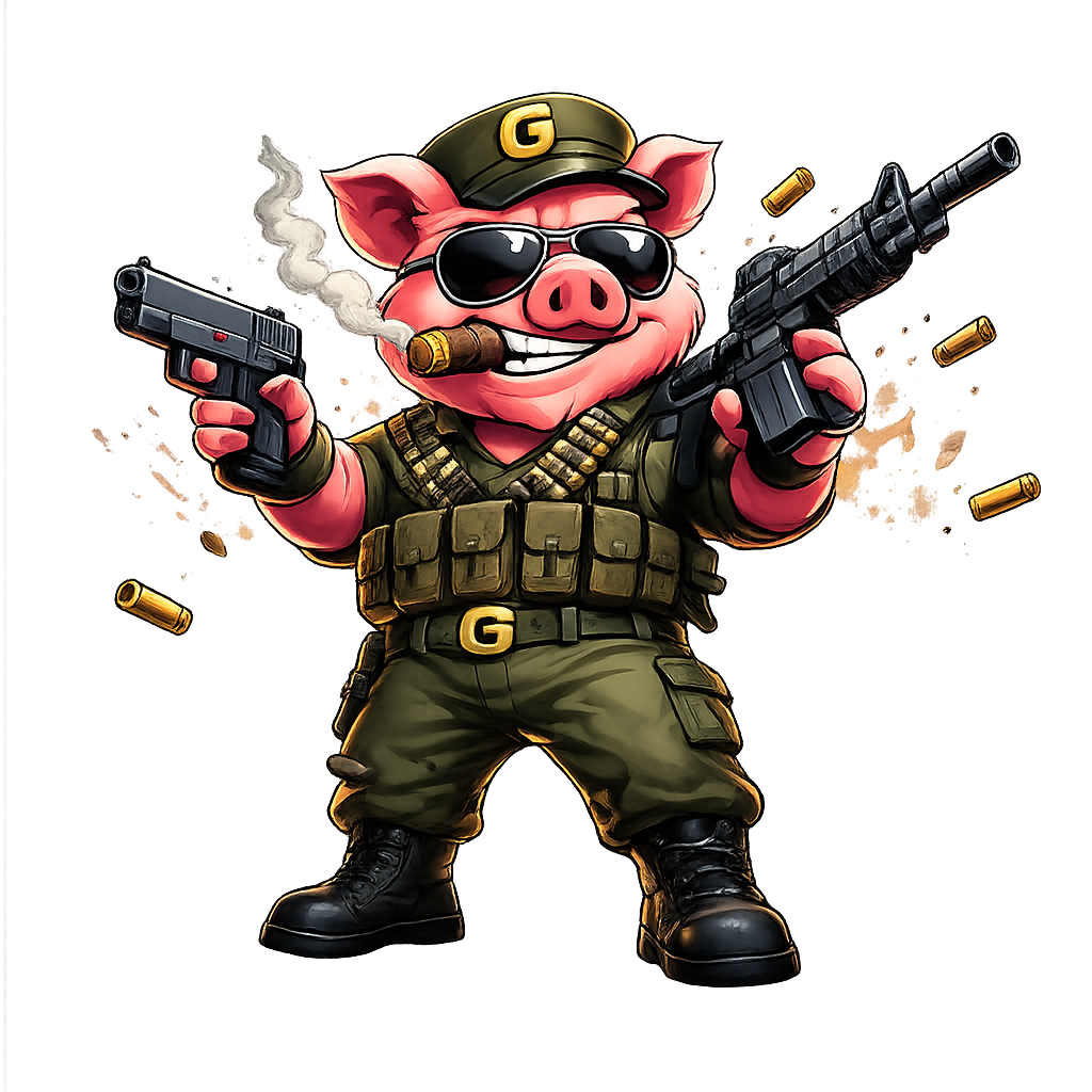 General GunoPig in combat stance with dual weapons and gold G buckle